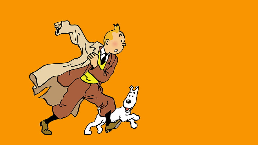 Tintin and Milou Running in Classic Cartoon Style on Orange Background HD wallpaper