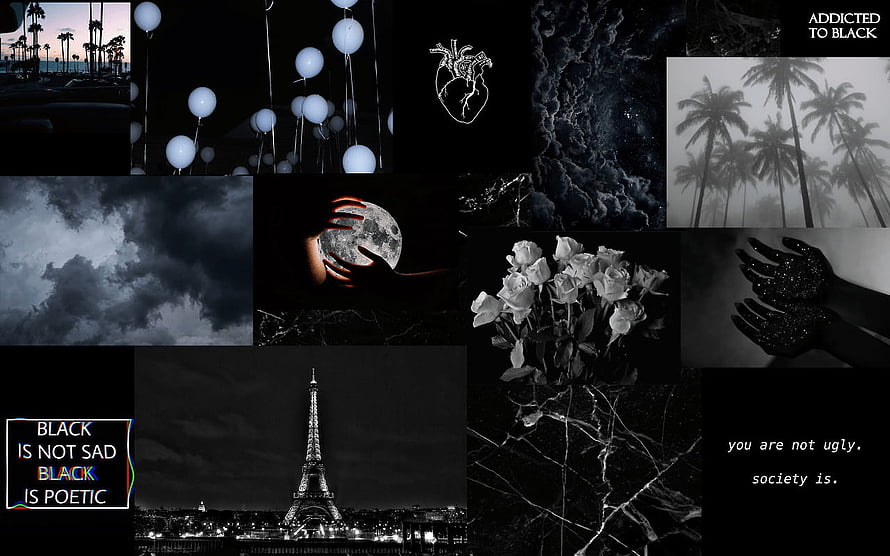 Dark Grunge Aesthetic Collage Featuring Black and White Photography, Moody Clouds, and Poetic Text HD wallpaper