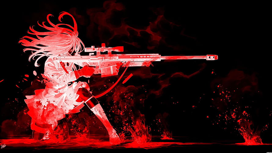 Red and Black Anime Girl Aiming Sniper Rifle in Dramatic Splatter Style HD wallpaper