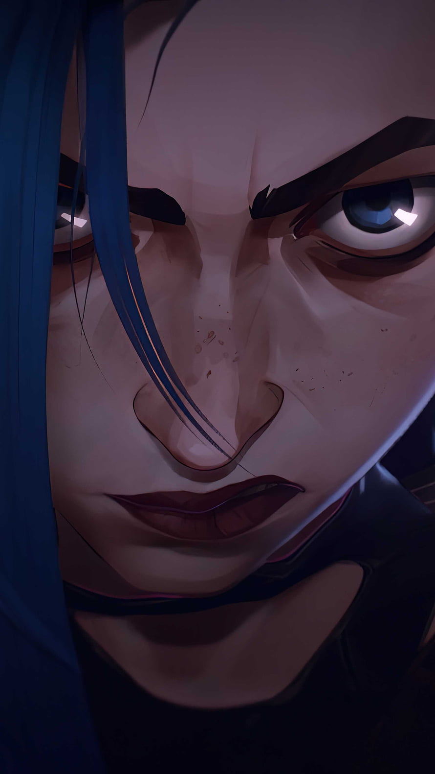 Arcane Jinx Intense Close-Up Portrait with Blue Hair and Piercing Eyes HD phone wallpaper
