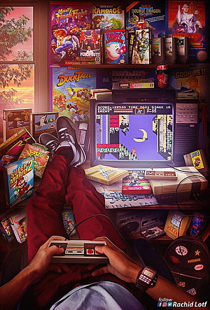First-Person View of Retro Gaming Setup with NES Controller and Vintage Game Boxes HD phone wallpaper