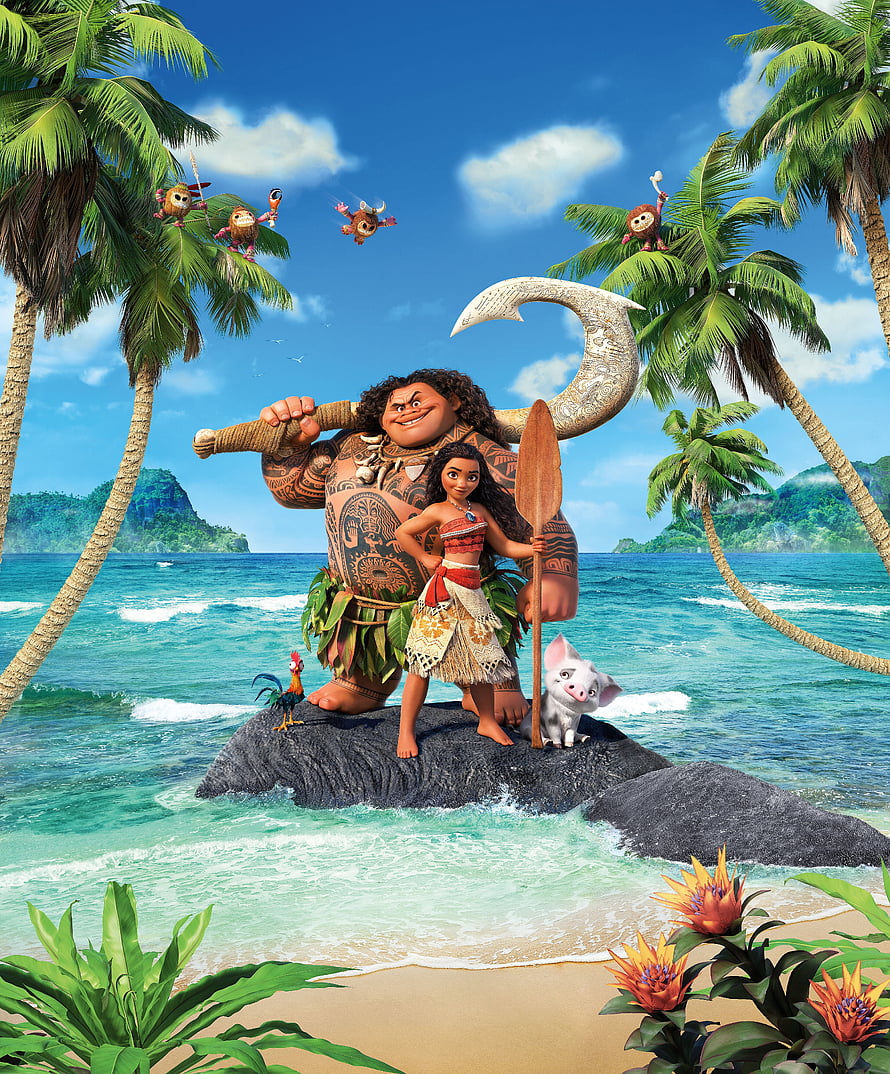 Moana and Maui standing on a rock in a tropical ocean with tropical birds and a pig HD phone wallpaper