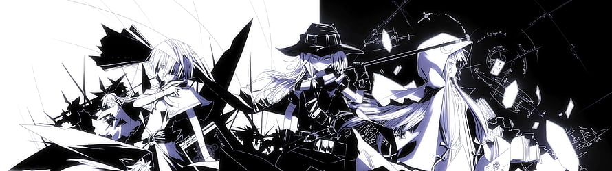 Touhou Project Anime Illustration Featuring Reimu Hakurei and Marisa Kirisame in High Contrast Black and White Art HD wallpaper