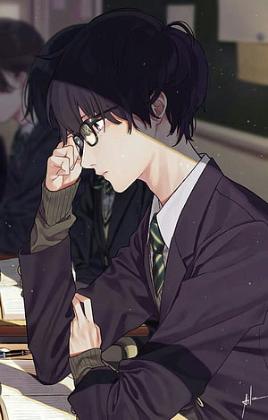 Anime Male Student in School Uniform Adjusting Glasses in Classroom Setting HD phone wallpaper