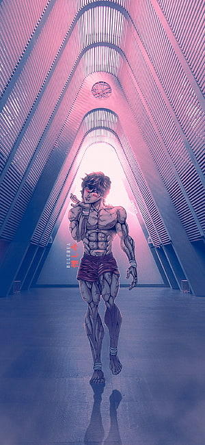 Baki Hanma anime character walking through a futuristic arched corridor with pink and blue lighting HD phone wallpaper