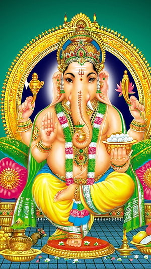 Lord Ganesha Seated in Golden Mandala with Lotus and Modak Offering HD phone wallpaper
