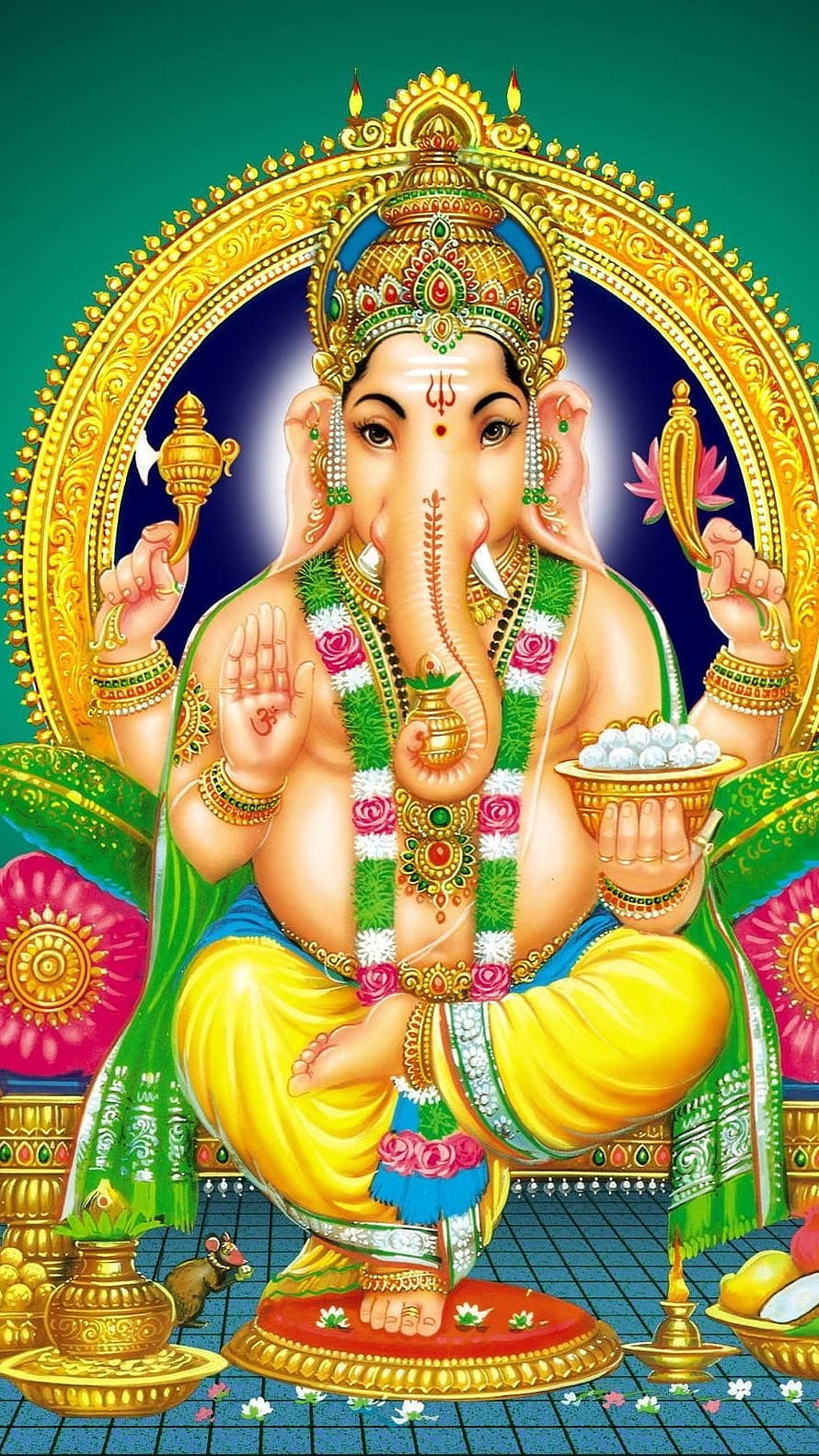 Lord Ganesha Seated in Golden Mandala with Lotus and Modak Offering HD phone wallpaper