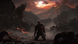Dark Souls 2 Warrior Standing in Volcanic Battlefield with Arrows in Back HD wallpaper