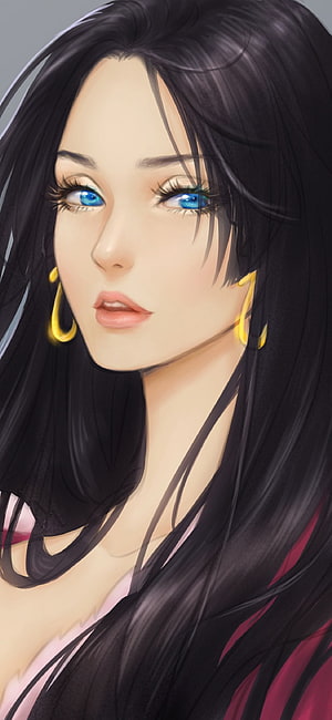 Boa Hancock from One Piece with long black hair and blue eyes in a close-up anime portrait HD phone wallpaper