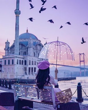Woman with Fairy Light Umbrella on Bench at Istanbul Waterfront at Dusk, Via Instagram. Girlz Dpz. Profile for girls, Girl, Instagram Girly HD phone wallpaper