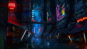 Neon-Lit Cyberpunk Alleyway with Rain-Soaked Streets and Glowing Signs HD wallpaper