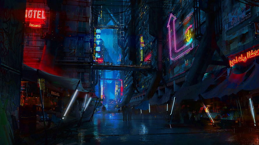 Neon-Lit Cyberpunk Alleyway with Rain-Soaked Streets and Glowing Signs HD wallpaper