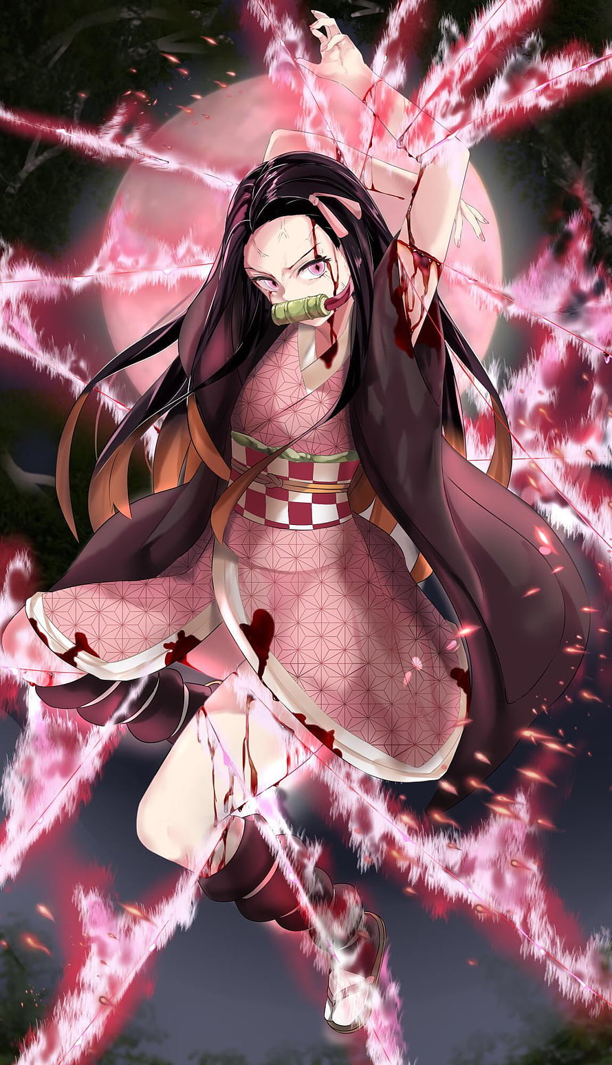 Nezuko Kamado Demon Form in Pink Kimono with Blood and Energy Effects HD phone wallpaper