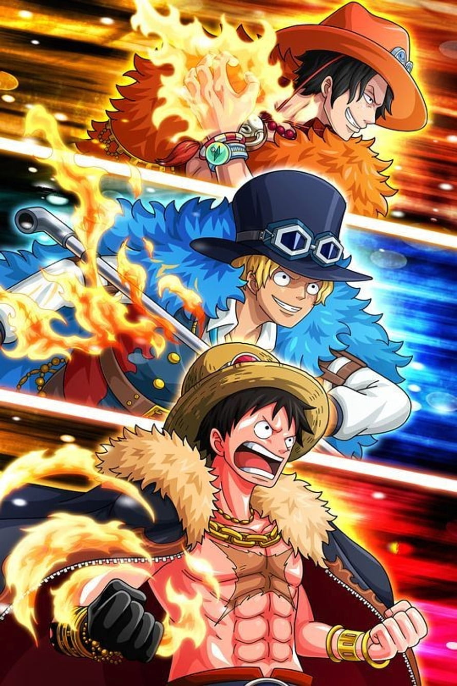 One Piece Anime Artwork Featuring Luffy, Ace, and Sabo in Dynamic Action Pose HD phone wallpaper