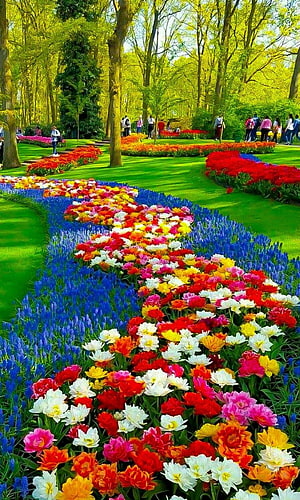 Vibrant Spring Flower Garden with Colorful Tulip Beds and Lush Green Trees HD phone wallpaper