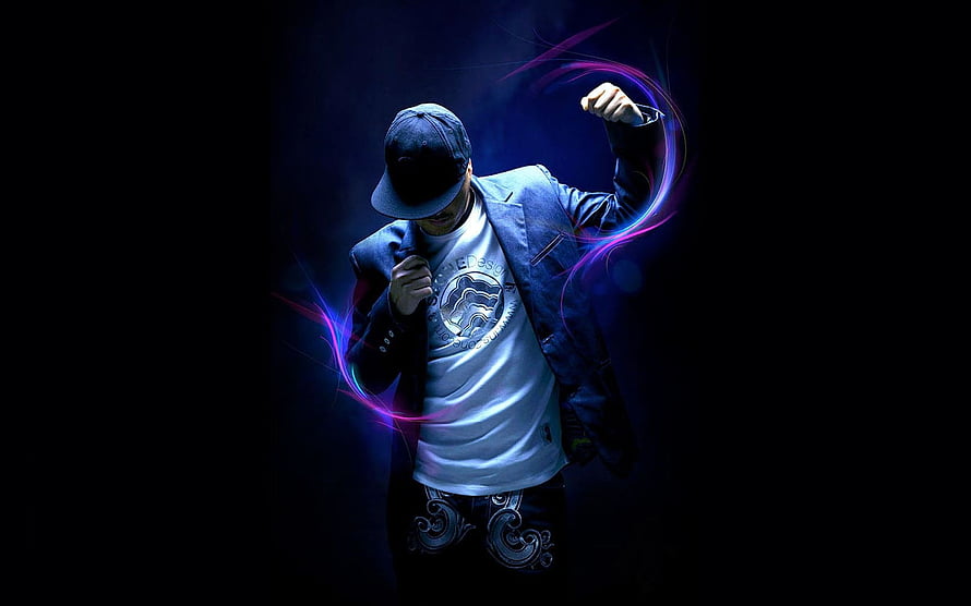 Confident Man in Cap and Jacket with Neon Light Trails Against Dark Background, Attitude, Boys Attitude HD wallpaper