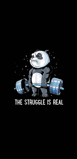Motivational Cartoon Panda Lifting Heavy Barbell on Black Background HD phone wallpaper