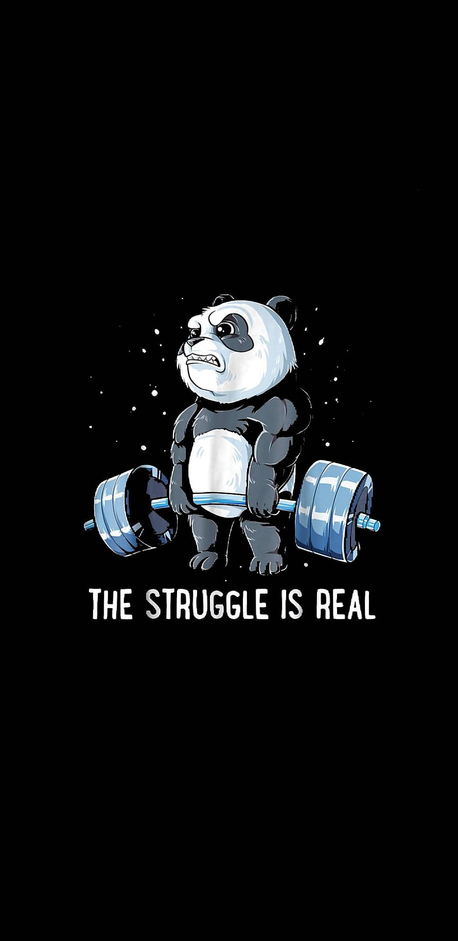 Motivational Cartoon Panda Lifting Heavy Barbell on Black Background HD phone wallpaper