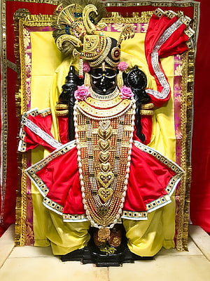 Ornate Krishna Murti Adorned in Gold Jewelry and Red Silk Garments HD phone wallpaper