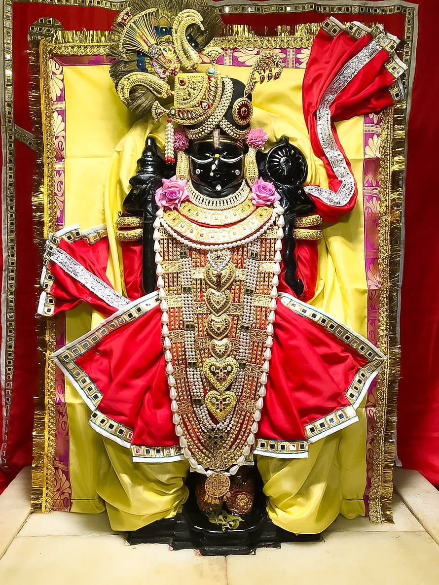 Ornate Krishna Murti Adorned in Gold Jewelry and Red Silk Garments HD phone wallpaper