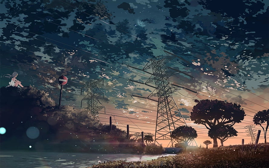 Anime Girl Sitting on Hillside at Dusk with Power Lines and Trees HD wallpaper