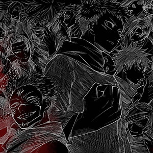 Jujutsu Kaisen Dark Anime Illustration Featuring Multiple Characters in High Contrast Black and White Style HD phone wallpaper
