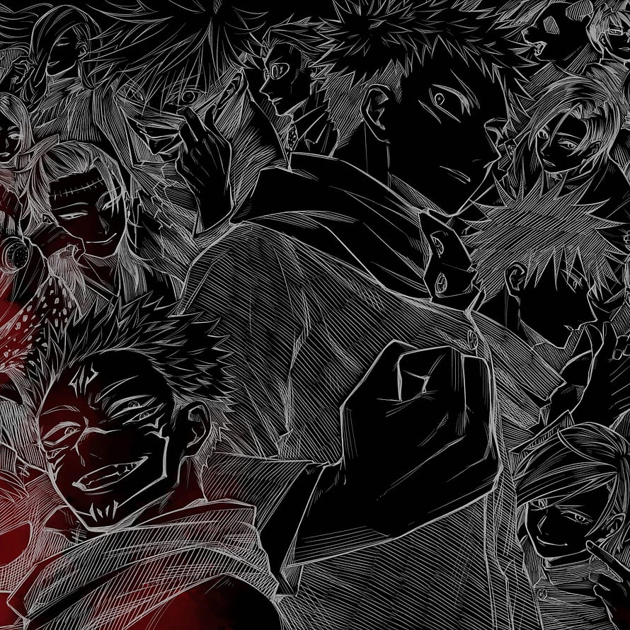 Jujutsu Kaisen Dark Anime Illustration Featuring Multiple Characters in High Contrast Black and White Style HD phone wallpaper