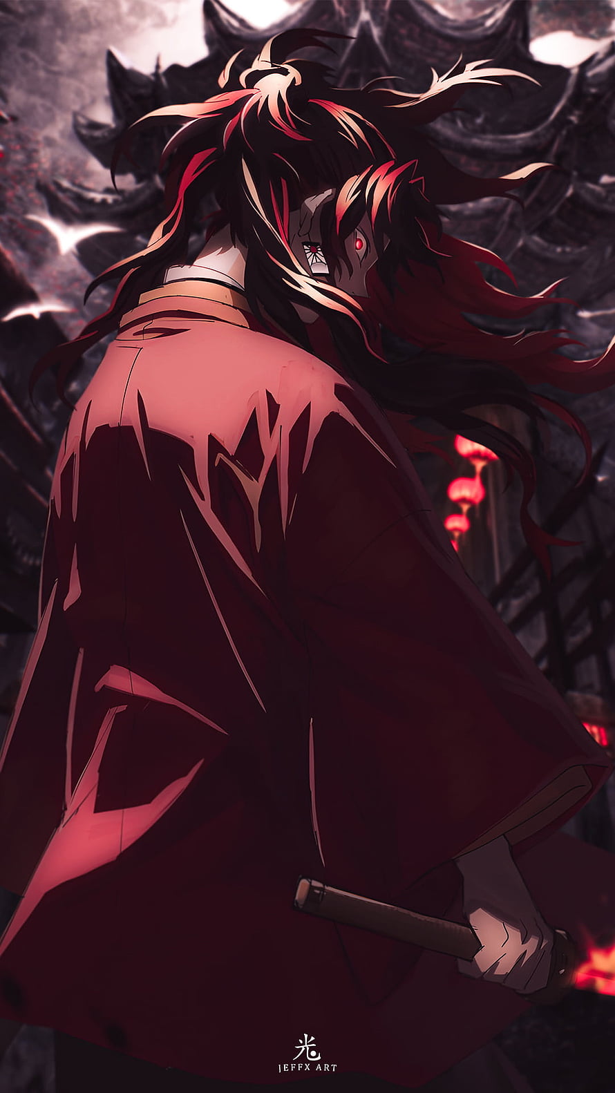 Yoriichi Tsugikuni Anime Character in Dark Red Robe with Katana HD phone wallpaper