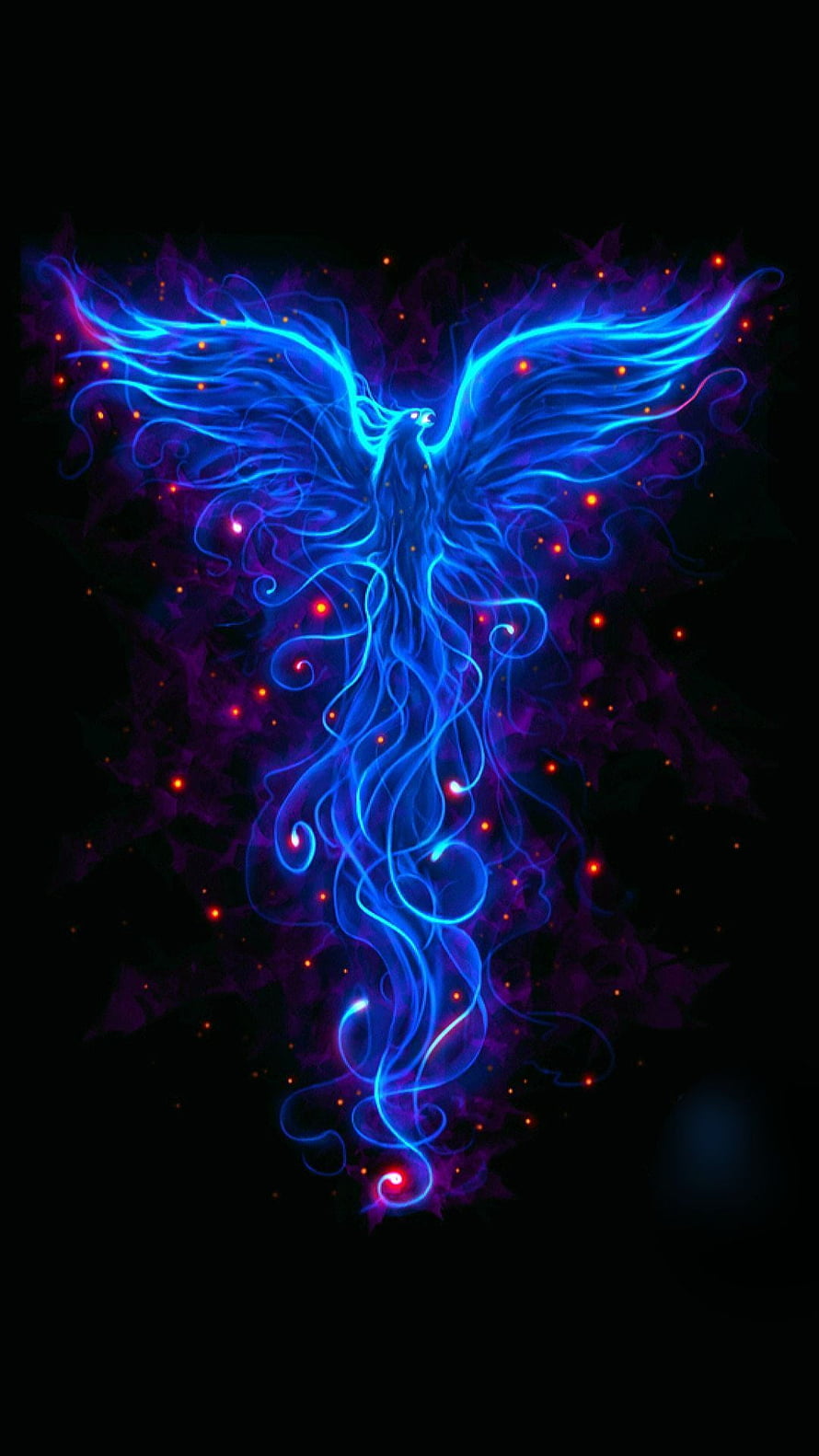 Neon Blue Phoenix with Glowing Wings and Fiery Embers on Black Background HD phone wallpaper