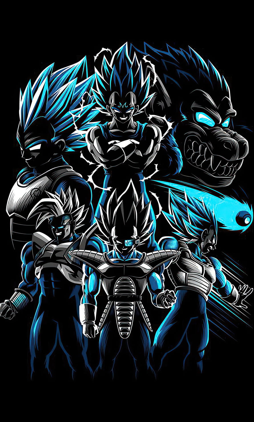 Dragon Ball Z Dark Saiyan Warriors and Beast in Neon Blue Digital Art HD phone wallpaper