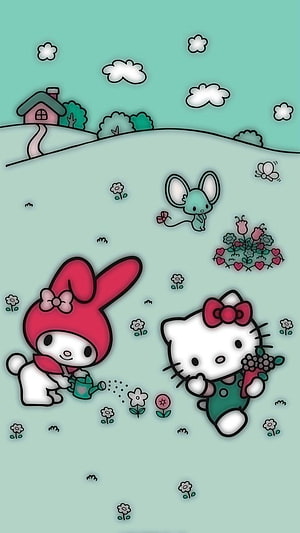 Hello Kitty and My Melody Gardening in a Pastoral Meadow with Flowers and a Cottage HD phone wallpaper