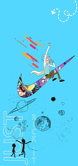 Rick Sanchez Riding a Nike Swoosh Through Space with Planets and Abstract Art Elements HD phone wallpaper