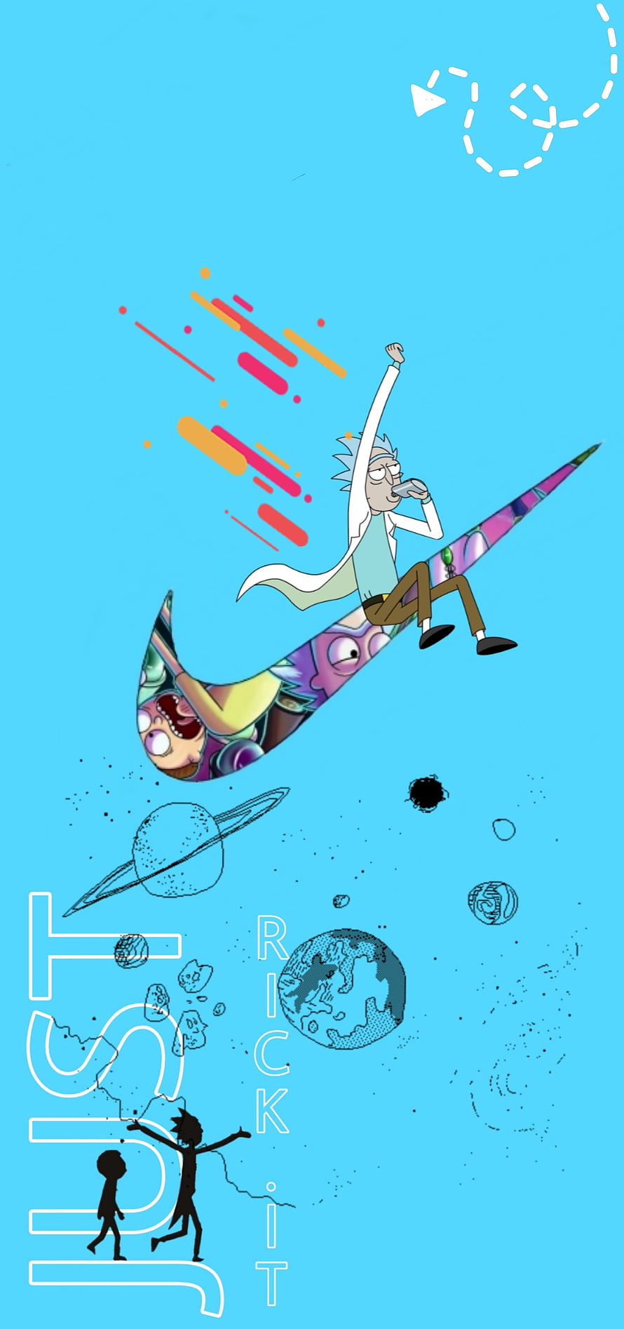 Rick Sanchez Riding a Nike Swoosh Through Space with Planets and Abstract Art Elements HD phone wallpaper