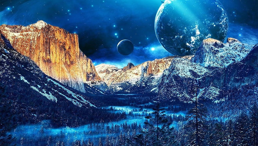 Alien Planets Over Snowy Mountain Valley at Night with Starry Sky HD wallpaper