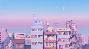 Pastel Japanese Cityscape at Dusk with Crescent Moon and Retro Anime Aesthetic HD wallpaper
