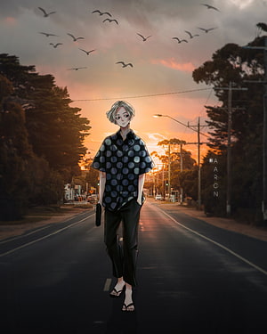 Mikey Sano from Tokyo Revengers Walking Down a Suburban Street at Sunset HD phone wallpaper