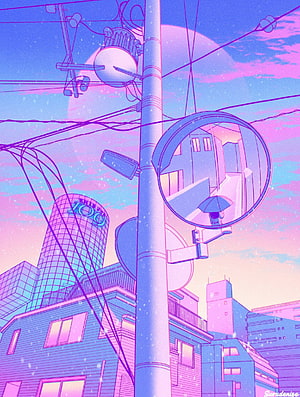 Pastel Japanese Cityscape with Utility Pole and Traffic Mirror in Anime Style HD phone wallpaper