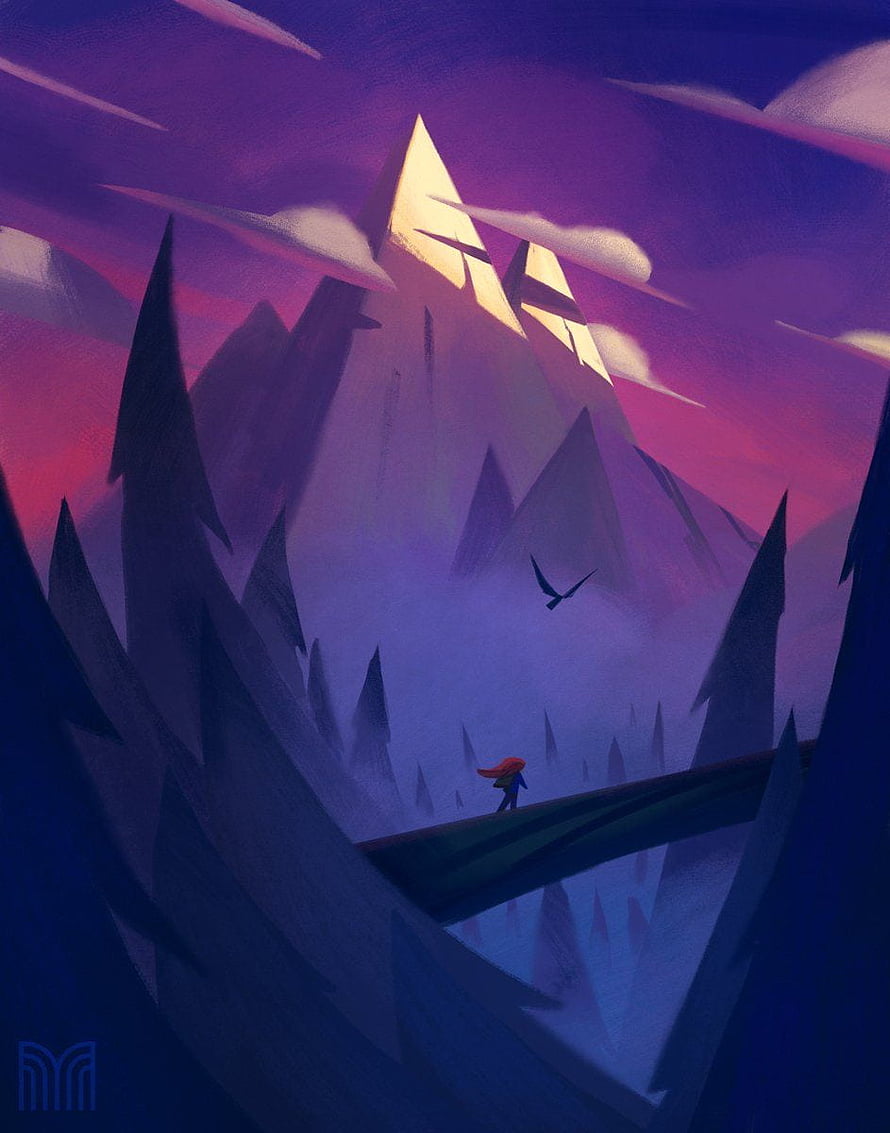 Celeste Game Artwork: Red-Hooded Character Walking on a Bridge Toward a Glowing Mountain Peak HD phone wallpaper
