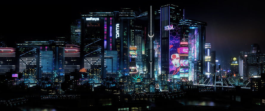 Cyberpunk 2077 Night City Neon Skyline at Night with Futuristic Architecture HD wallpaper