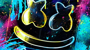 Neon Marshmello Mask with Vibrant Paint Splatter and Glowing Outline HD wallpaper