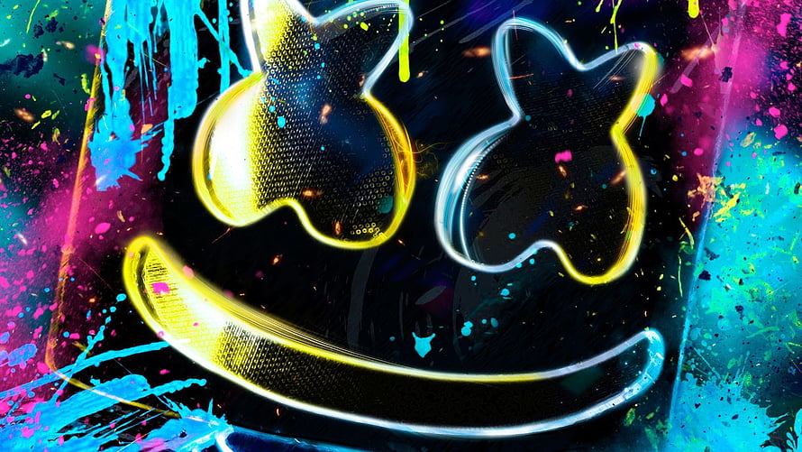 Neon Marshmello Mask with Vibrant Paint Splatter and Glowing Outline HD wallpaper