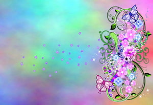 Springtime Butterfly and Floral Digital Art with Pastel Gradient Background HD wallpaper