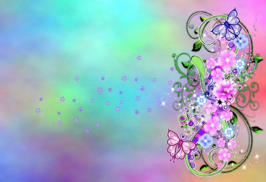 Springtime Butterfly and Floral Digital Art with Pastel Gradient Background HD wallpaper