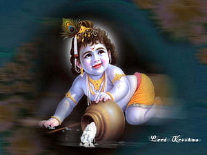 Baby Krishna Stealing Butter from a Pot in Traditional Indian Art HD wallpaper