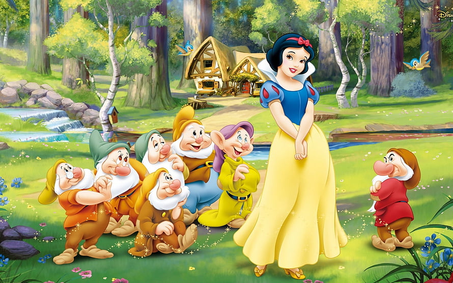 Snow White and the Seven Dwarfs in a Lush Forest Clearing with Cottage and Birds HD wallpaper