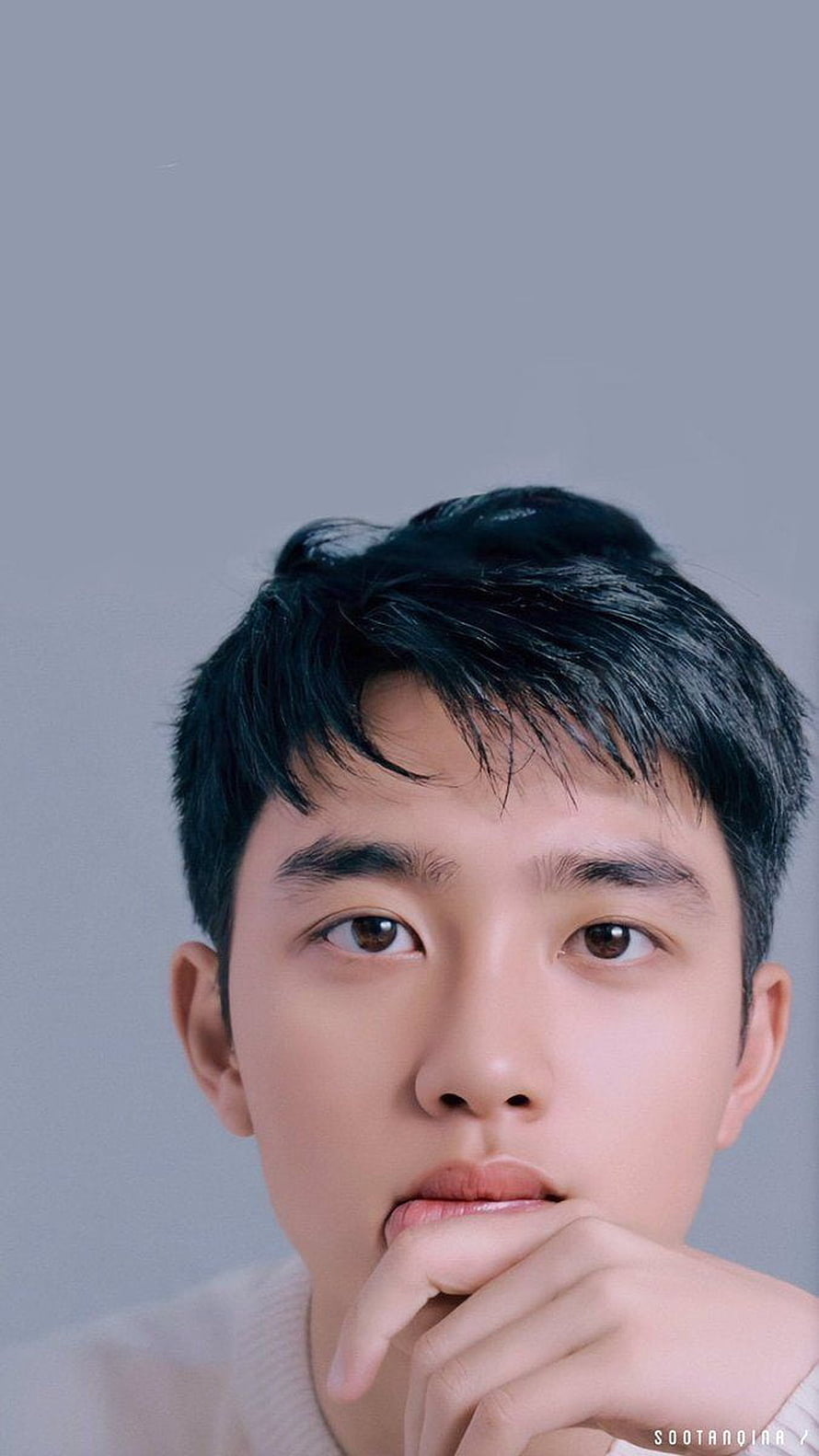 Do Kyungsoo Close-Up Portrait With Hand On Chin Against Soft Grey Background HD phone wallpaper