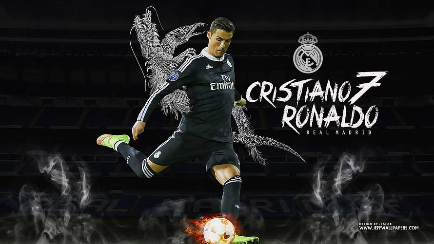 Cristiano Ronaldo Real Madrid Black Kit with Dragon and Fire Ball HD wallpaper