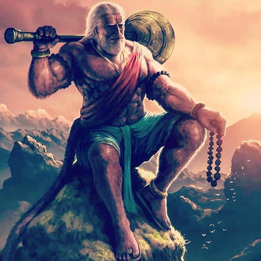 Lord Hanuman seated on a mountain peak with mace and prayer beads in dramatic digital art HD phone wallpaper