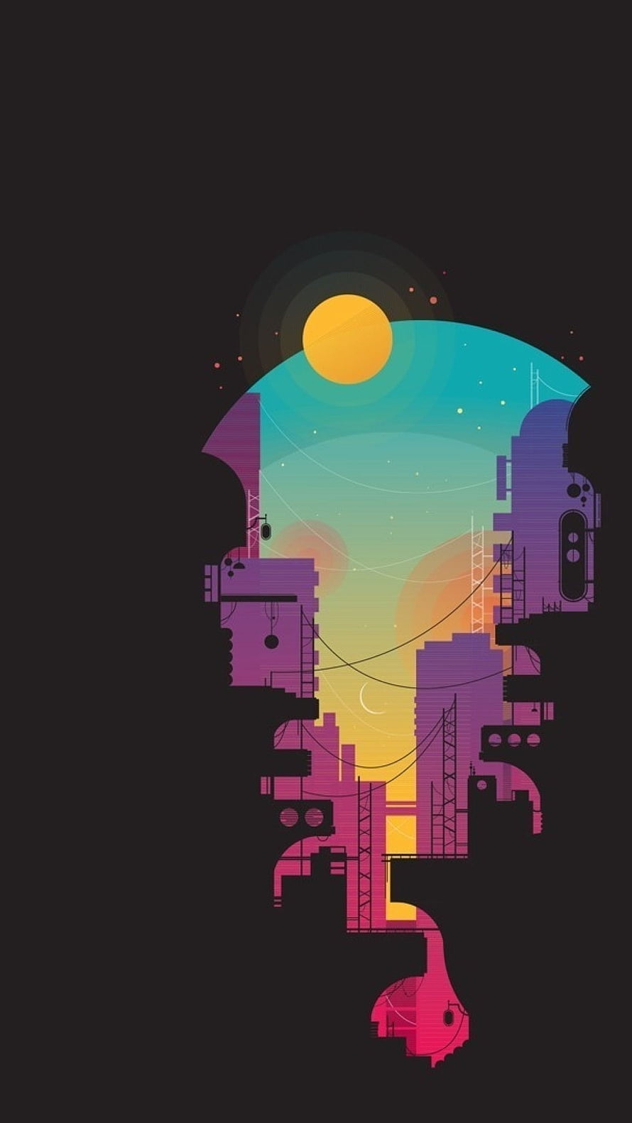 Minimalist Cityscape Silhouette with Vibrant Gradient Sky and Sun HD phone wallpaper