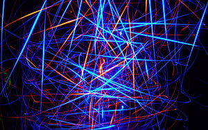 Vibrant Neon Light Trails Abstract Artwork with Blue and Orange Streaks on Black Background HD wallpaper